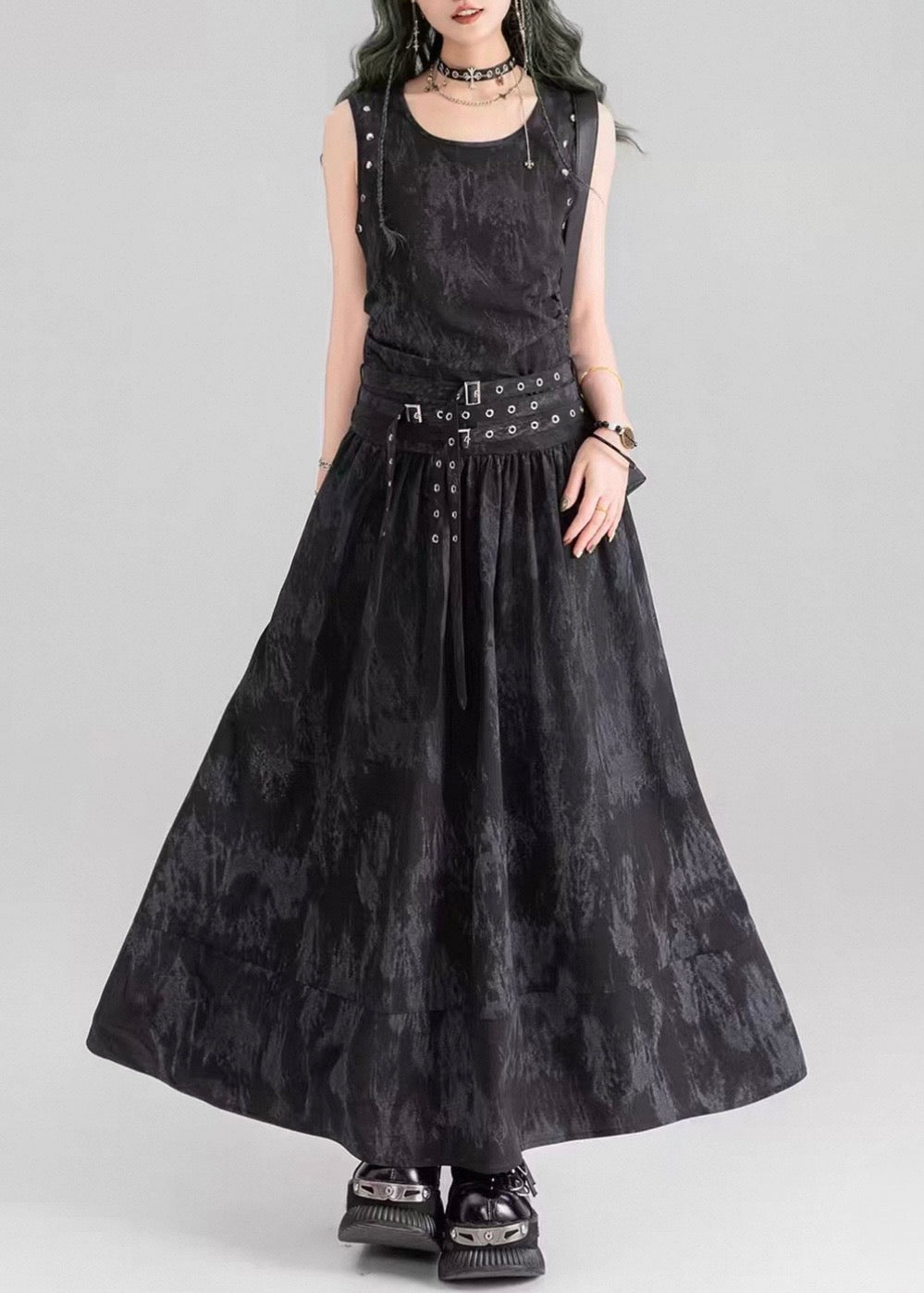 DARK MARBLE BELTED DRESS / LG1602