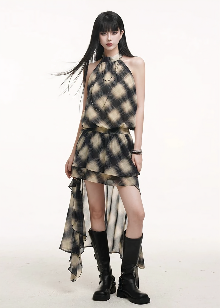 Chiffon halter neck asymmetric dress / lg1317