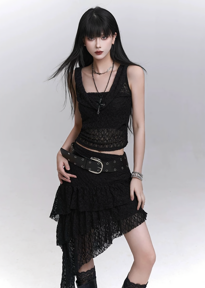 Sheer gathered hood cami &amp;amp; layered chiffon long skirt / lg1315 