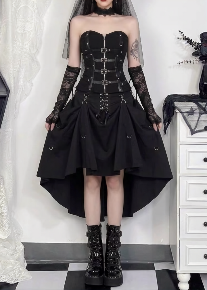 DARK BUCKLE BUSTIER TOP &amp; ASYMMETRIC LONG SKIRT / LG1667