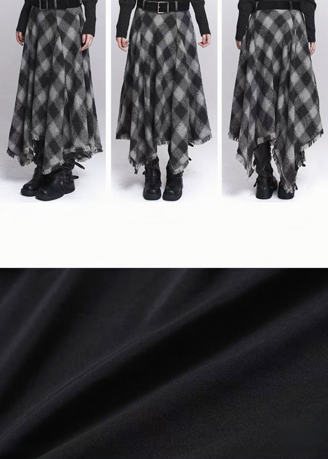 BLACK & GREY CHECK IRREGULAR MIDI SKIRT / LG1533