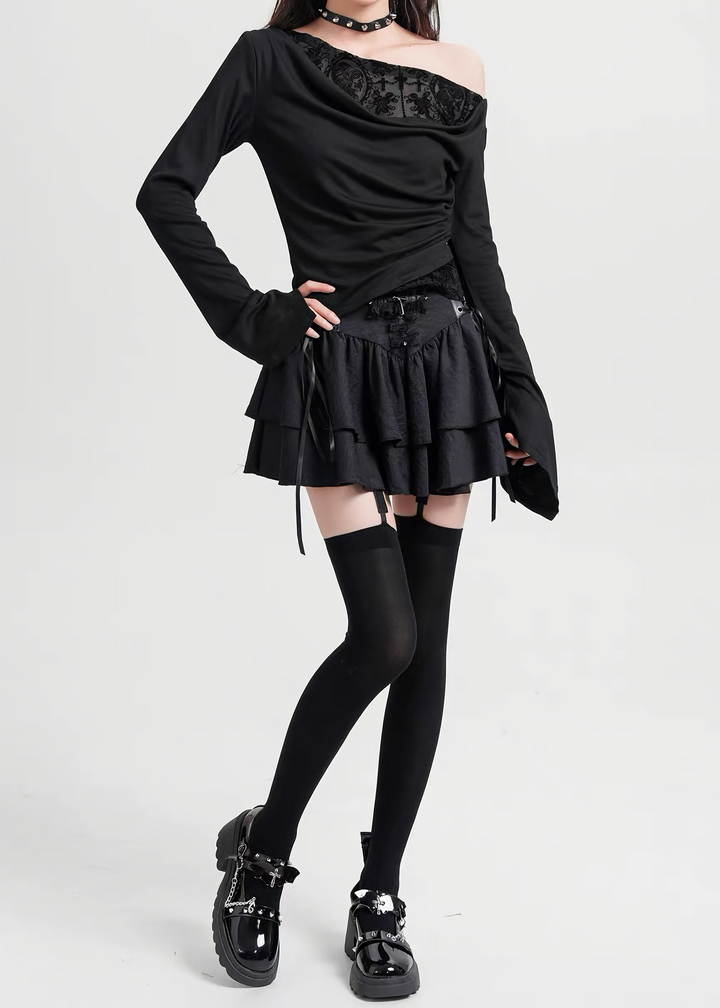 GOTHIC DRAPE ONE SHOULDER LACE TOP / LG1559