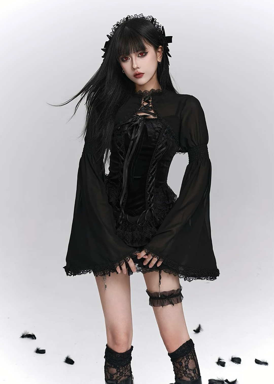 Gothic Lace Camisole & Frill Skirt Set + Flare Sleeve Cardigan / LG1404