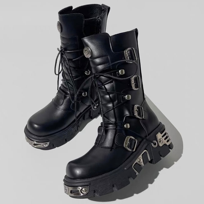 DARK Buckle Lace-Up Platform Boots / V1180