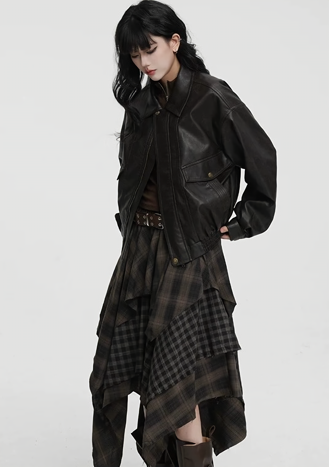 ASYMMETRIC CHECK DRAPE SKIRT / LG1424