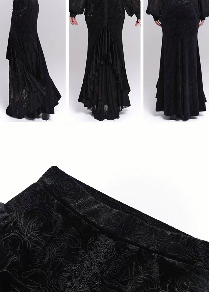 Black Jacquard Fishtail Long Skirt / LG1521