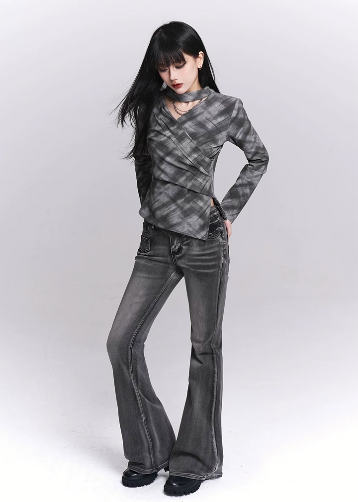 SMOKE PLAID WRAP TOP / LG1527
