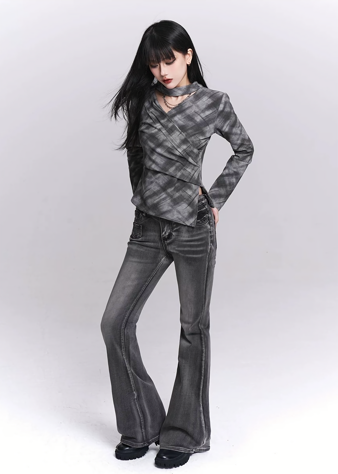 SMOKE PLAID WRAP TOP / LG1527