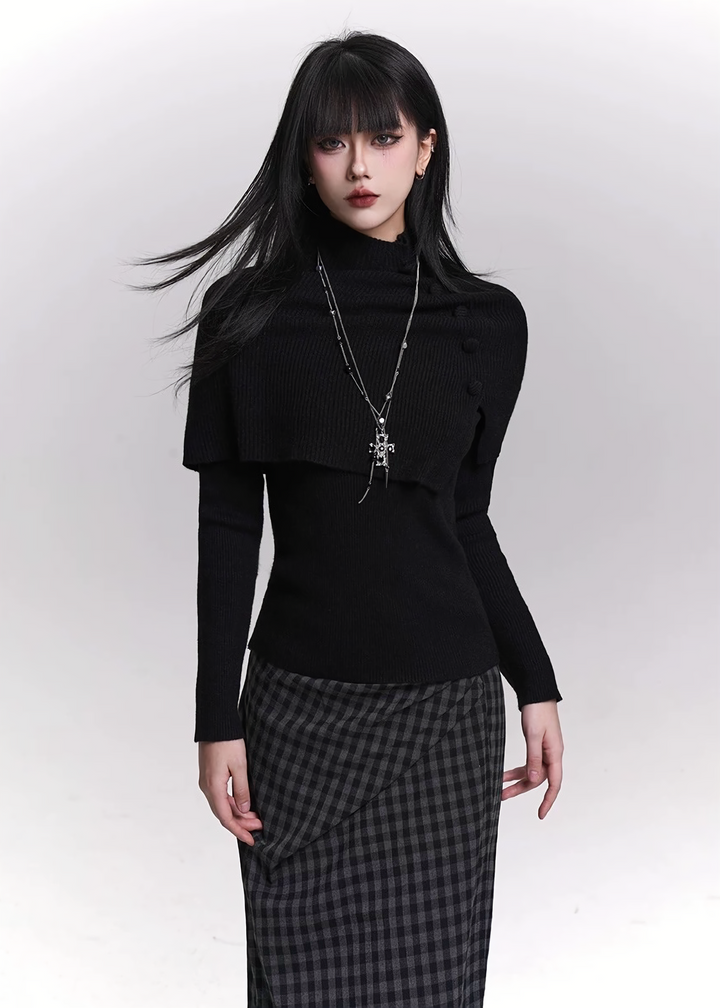 KNIT CAPE & FLARE-SLEEVE TOP SET / LG1467