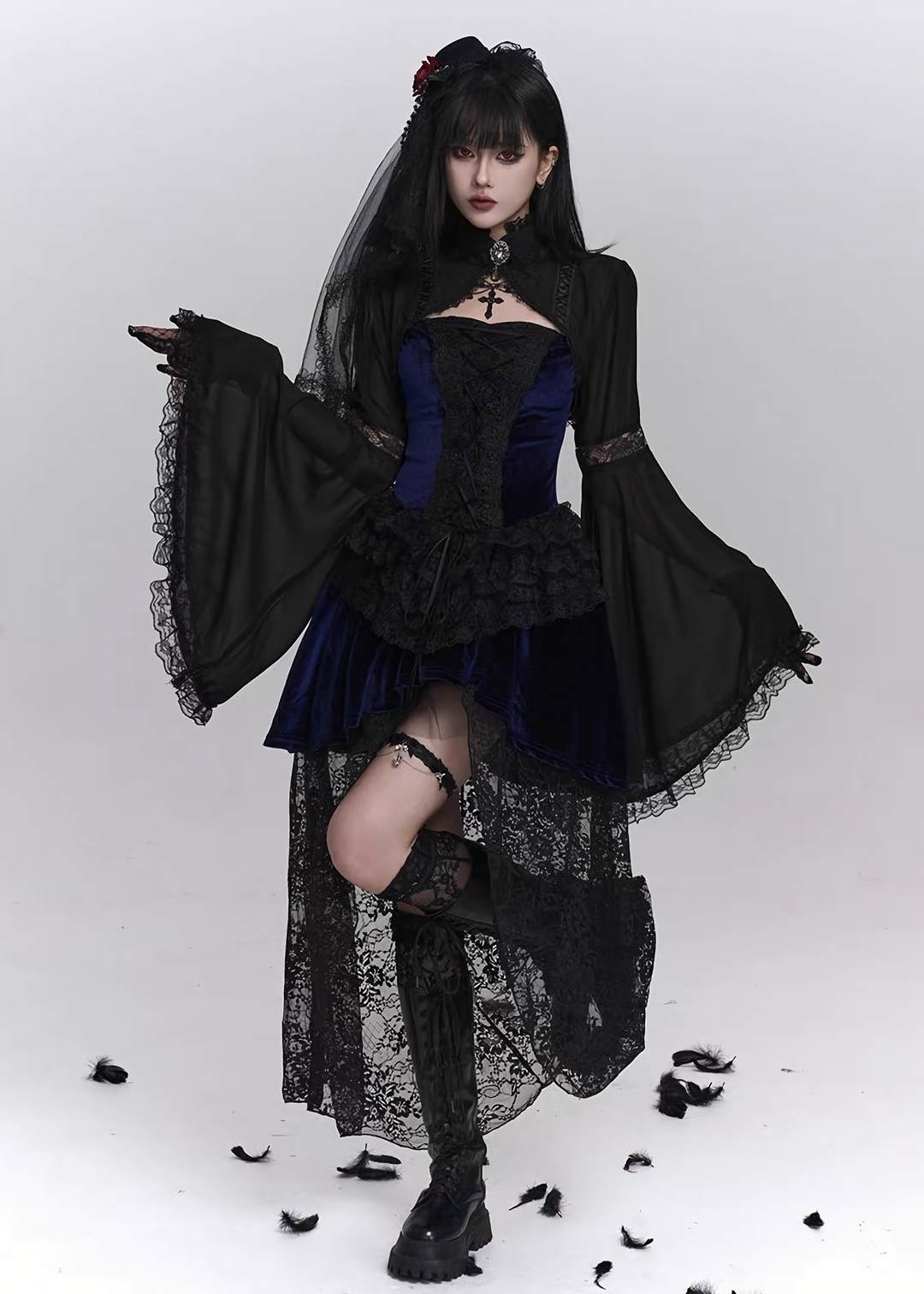 NIGHT ROSE LACE CARDIGAN & VELVET SHADOW GOTHIC DRESS / LG1407