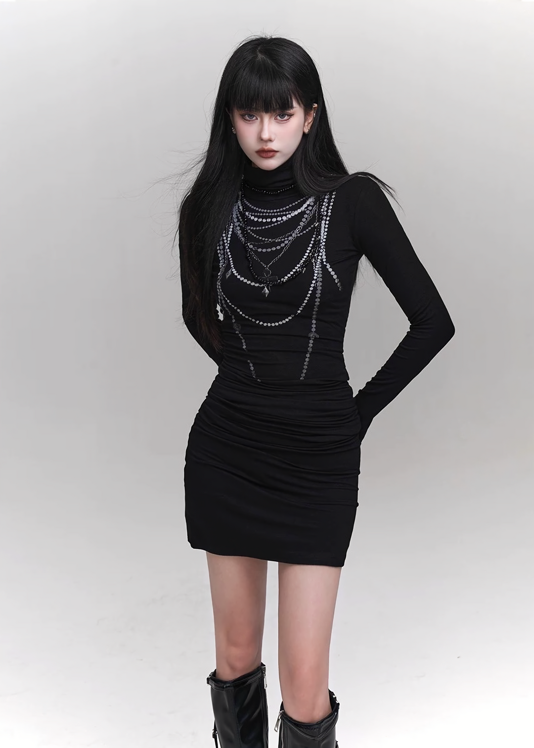 CHAIN DETAIL DARK LONG DRESS  / LG1420