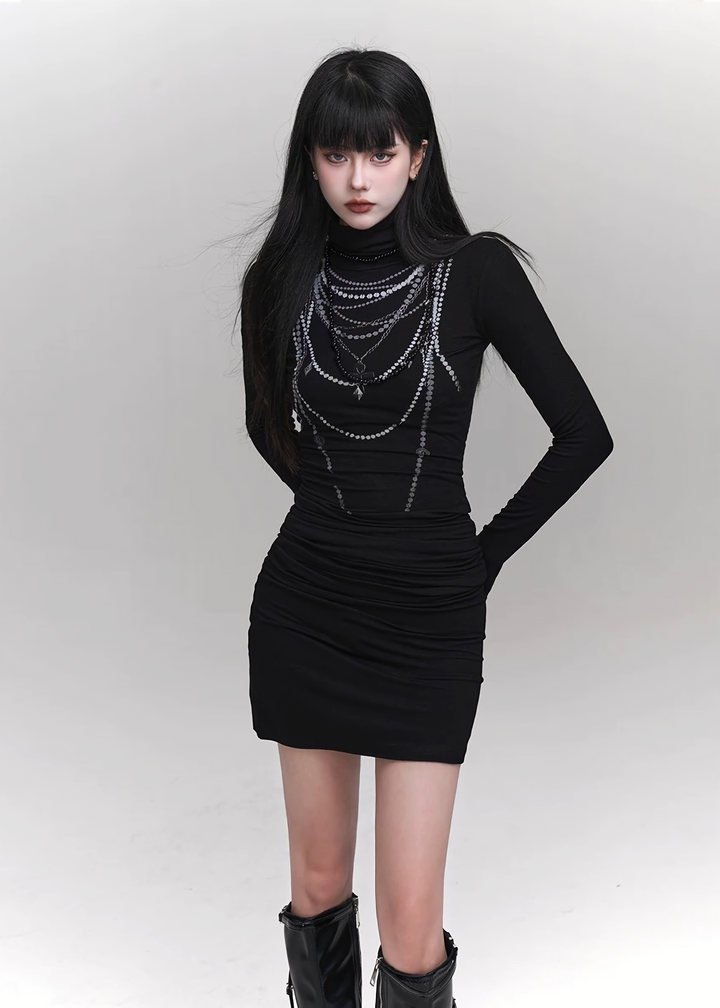 CHAIN DETAIL DARK LONG DRESS  / LG1420