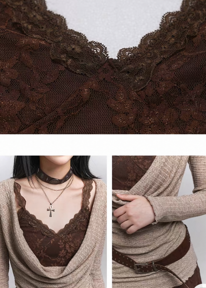 Drape neck x lace inner set top / lg1342