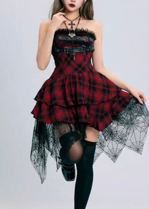 GOTHIC PLAID BUCKLE ASYMMETRIC MINI ONEPIECE / LG1686