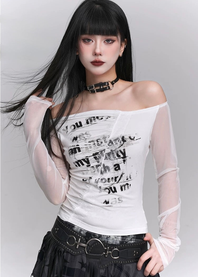 Print Off-shoulder Splicing Mesh Long-sleeved T-shirt / LG1219