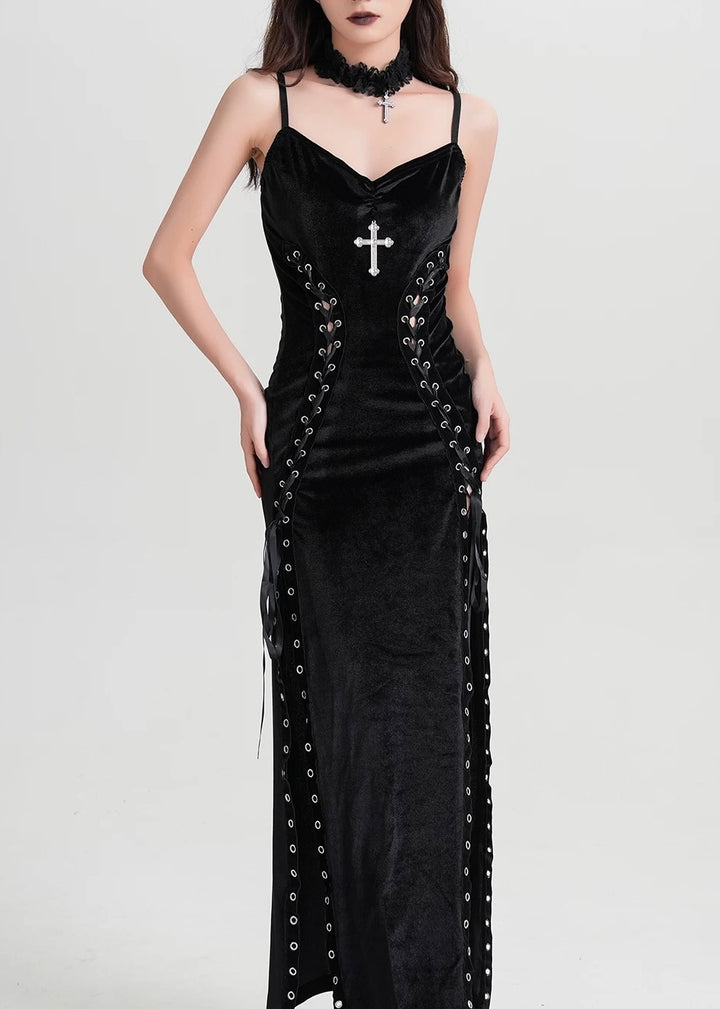DARK VELVET CORSET SLIT LONG DRESS / LG1576