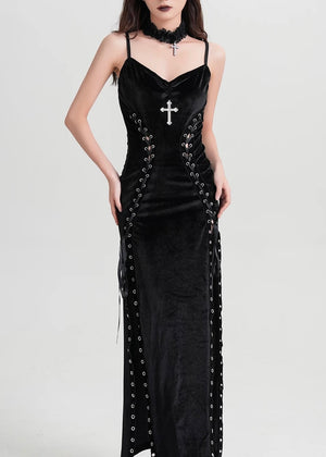 DARK VELVET CORSET SLIT LONG DRESS / LG1576