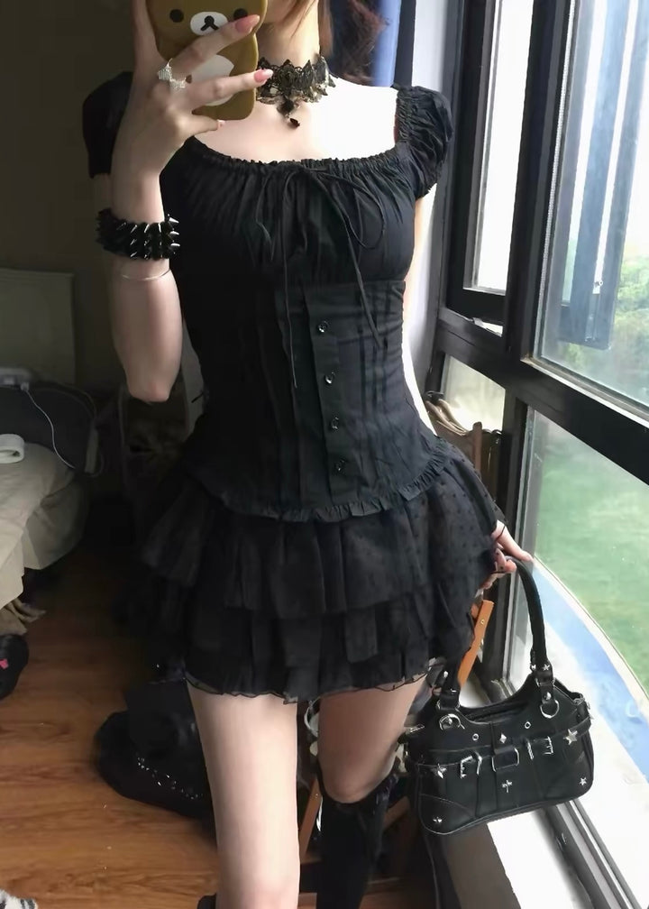 DARK SQUARE NECK PUFF SLEEVE TOP &amp; DOT TIERED MINI SKIRT / LG1678