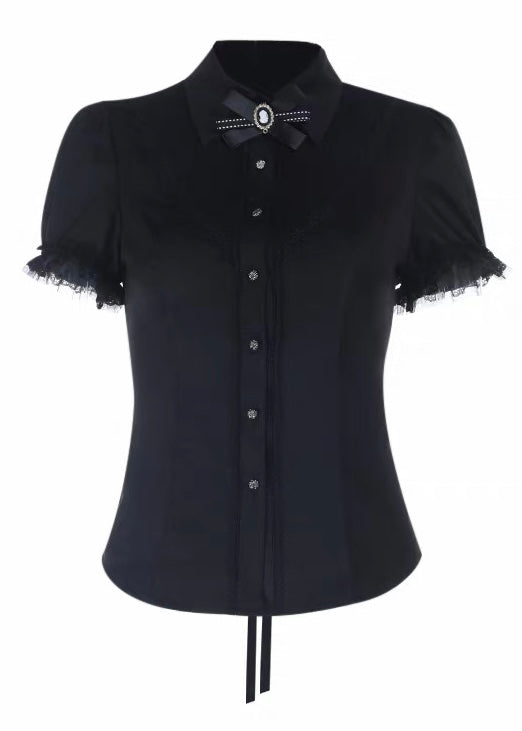 Lace-trimmed puff sleeve shirt / LG1301 
