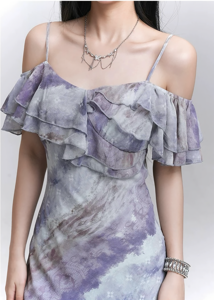 Sheer drape gathered purple dress / lg1316 