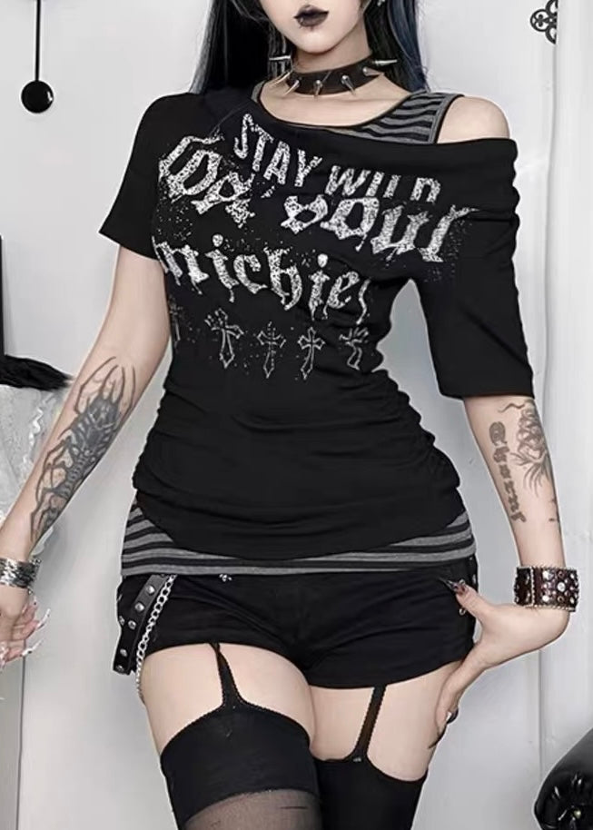 DARK OFF-SHOULDER LAYERED GRAPHIC TOP / LG1688