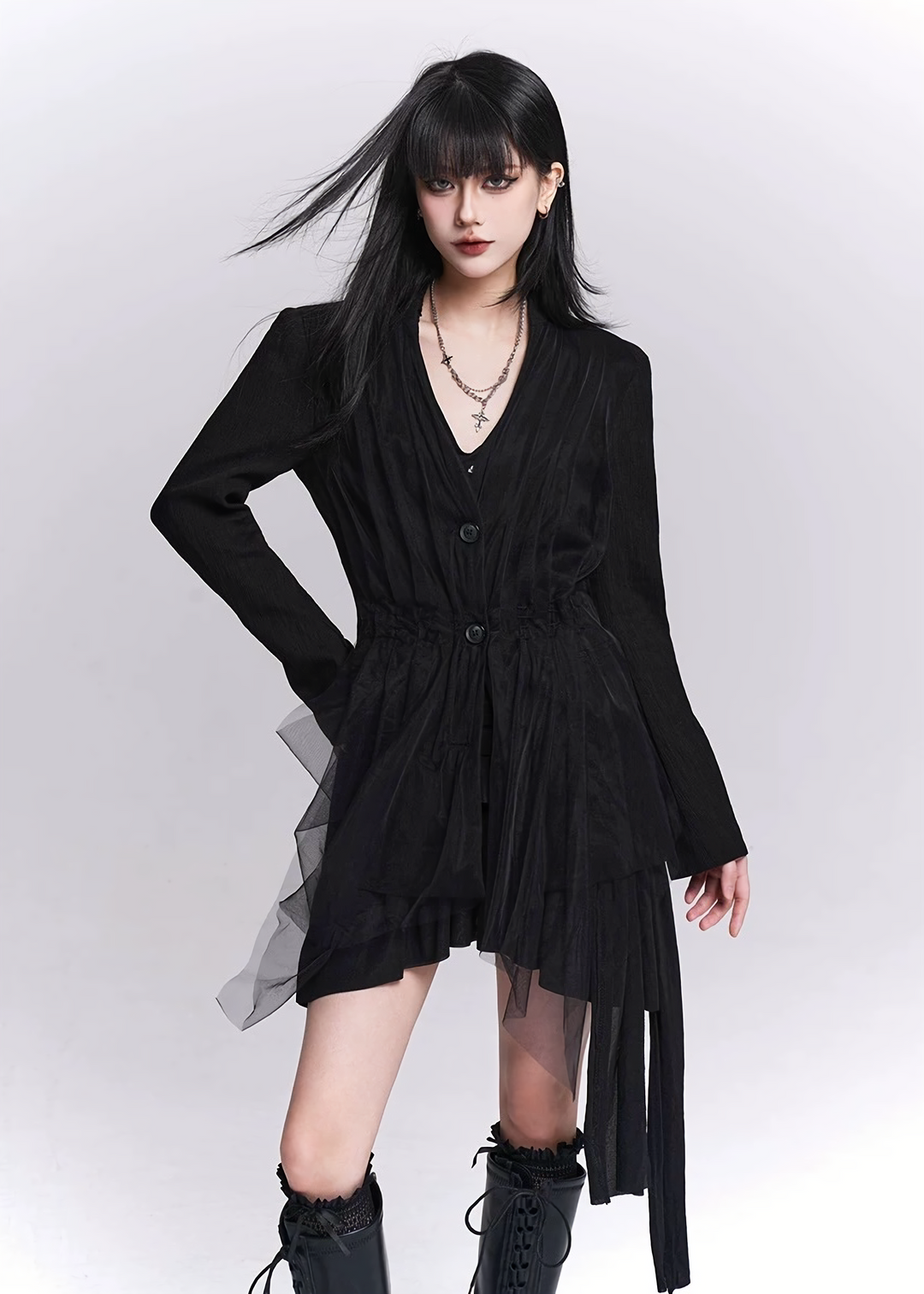 Sheer Pleats Layered Long Shirt / LG1517