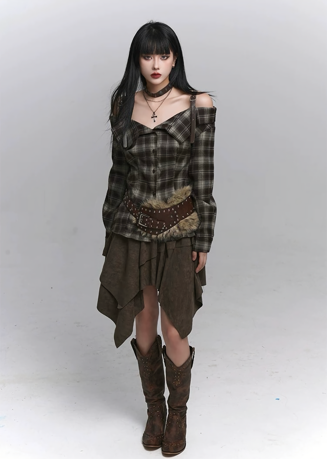 Plaid Off-Shoulder Strap Shirt / lg1366