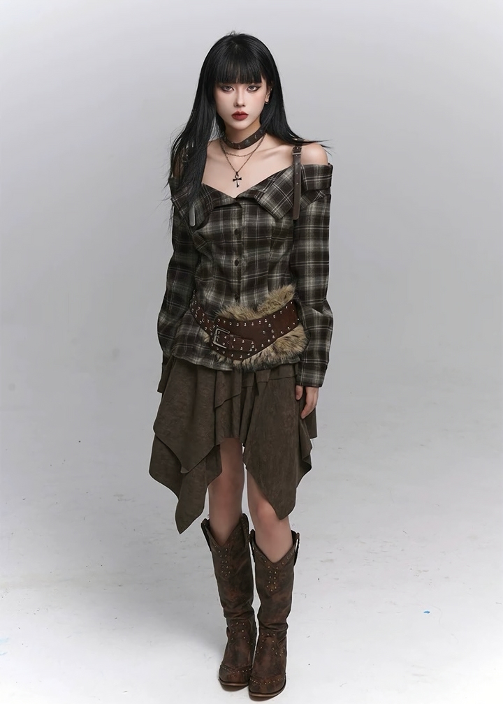 Plaid Off-Shoulder Strap Shirt / lg1366