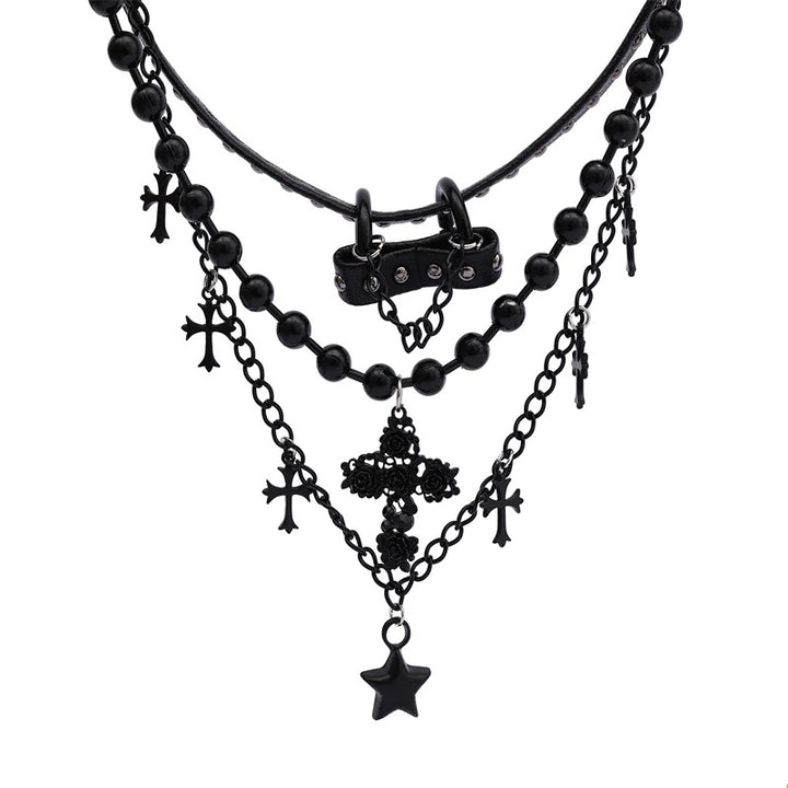 【即日配送】Goth Style Black Layered Chain Necklace / a1107