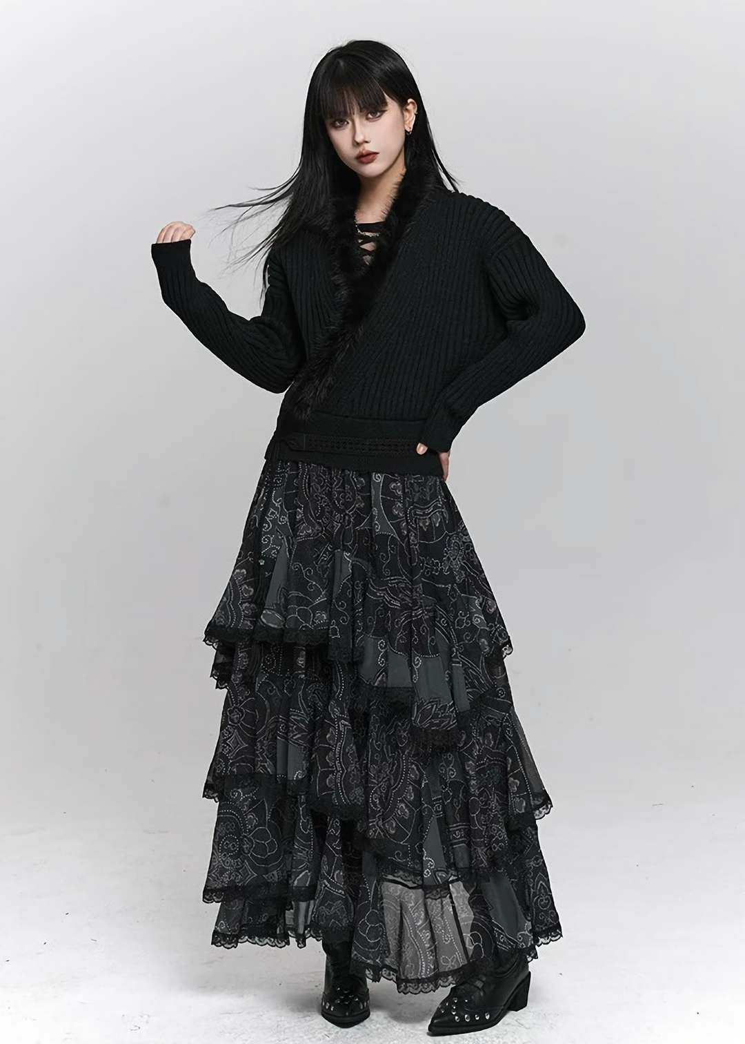 SOFT FUR TRIM V-NECK KNIT SWEATER / LG1500