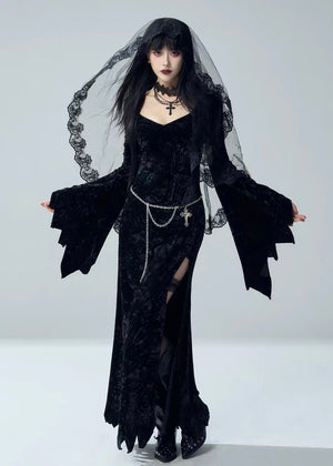 VELVET BELL SLEEVE SLIT LONG DRESS / LG1730