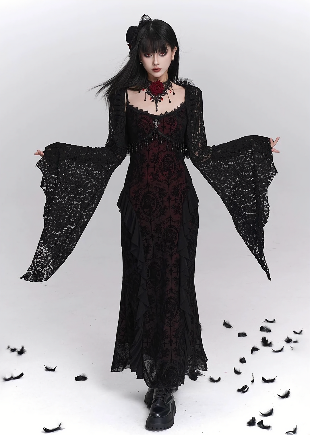 Dark rose long dress & Enchant lace cardigan / LG1401