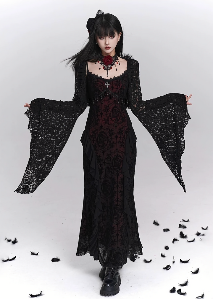 Dark rose long dress & Enchant lace cardigan / LG1401