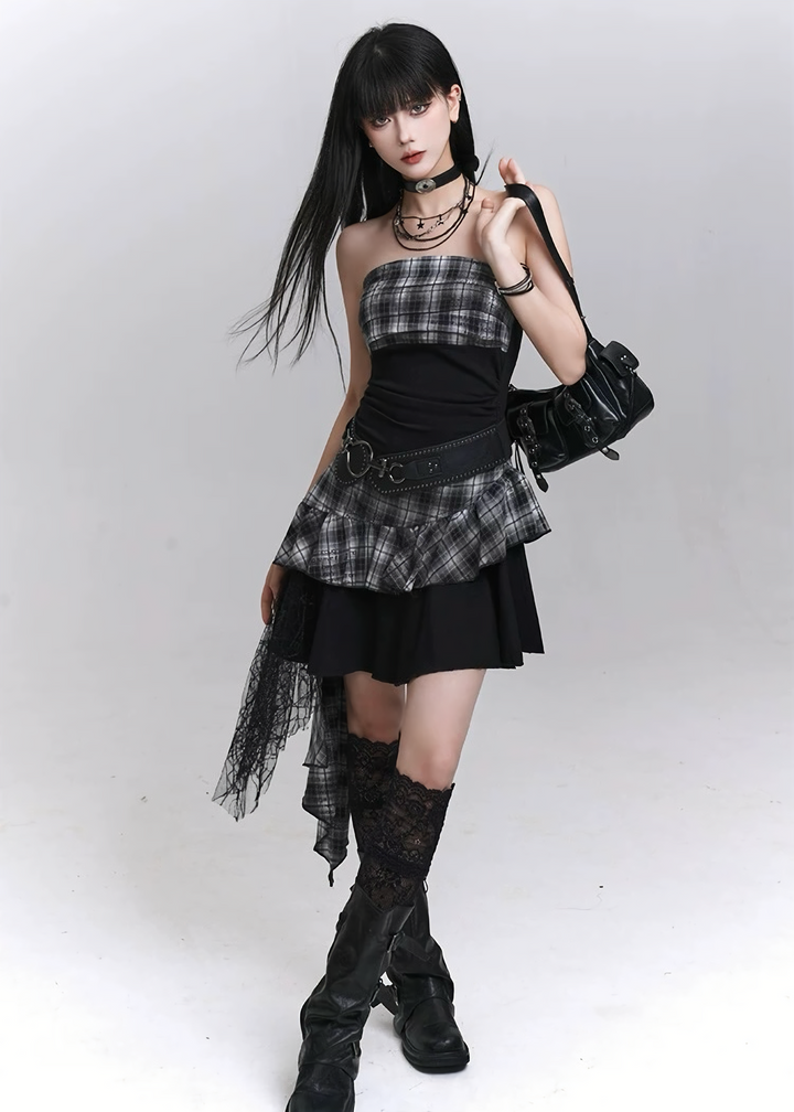 Check drape mini dress / LG1292 