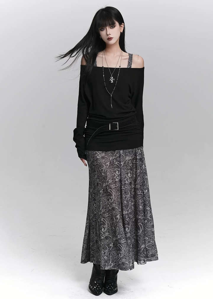 ASYMMETRY OFF-SHOULDER TOP &amp;amp; PAISLEY LONG SKIRT SET / LG1419_e4r