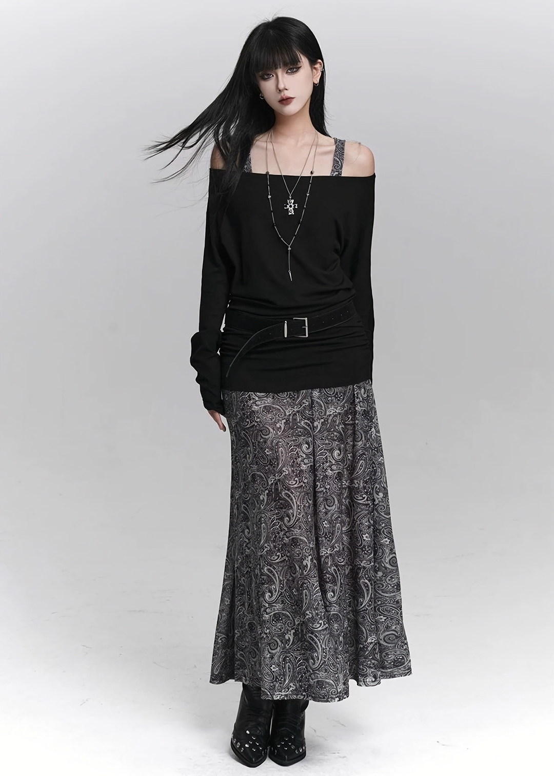 ASYMMETRY OFF-SHOULDER TOP & PAISLEY LONG SKIRT SET / LG1419_e4r