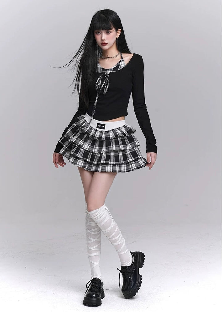Checkered Tiered Mini Skirt Set / LG1221 