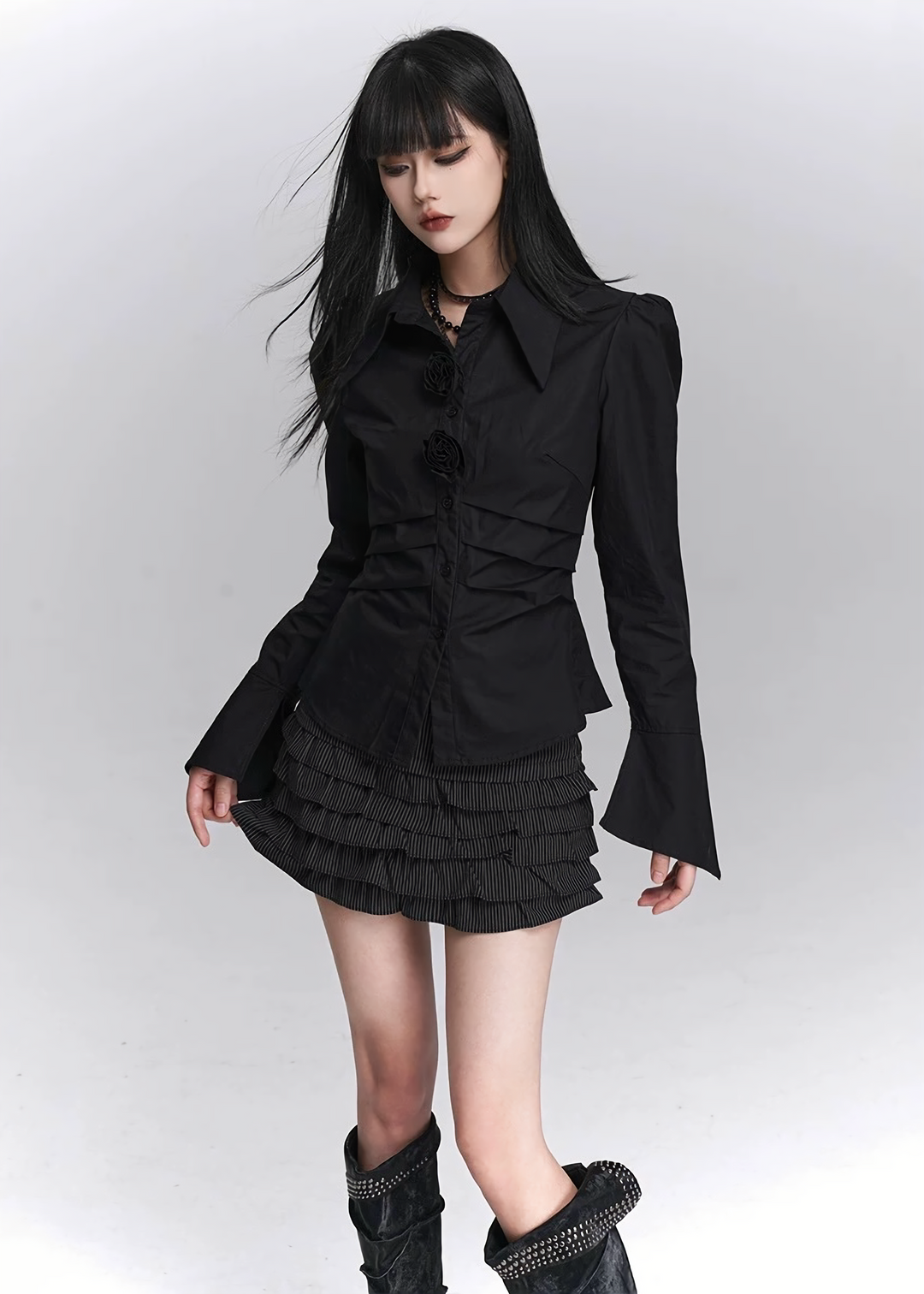 FLOWER BUTTON FLARE SLEEVE SHIRT / LG1429