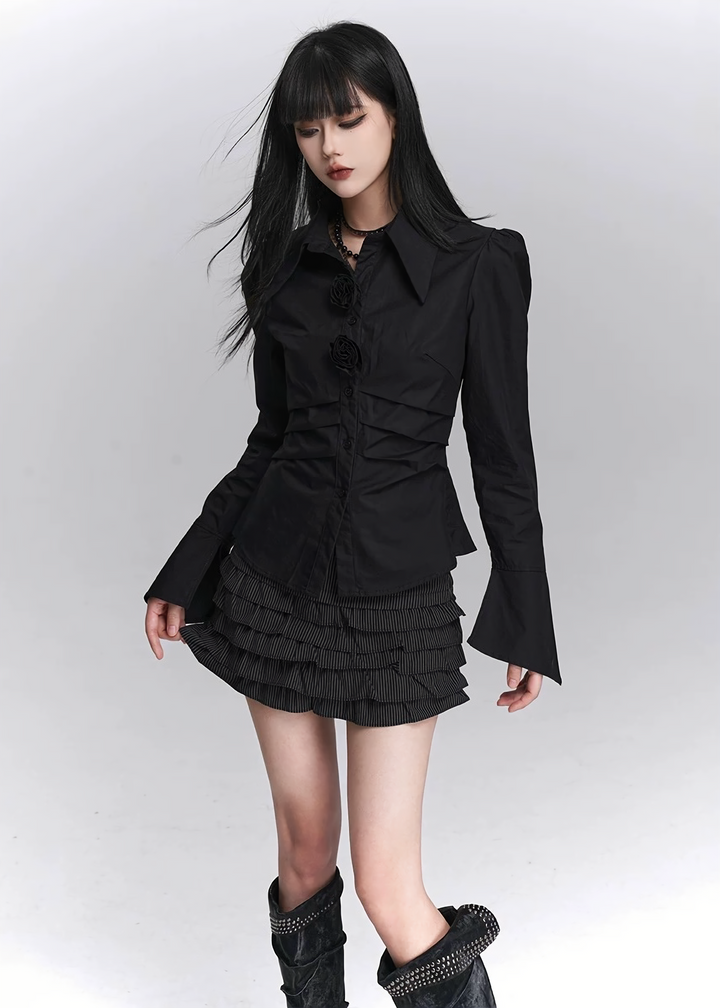 FLOWER BUTTON FLARE SLEEVE SHIRT / LG1429