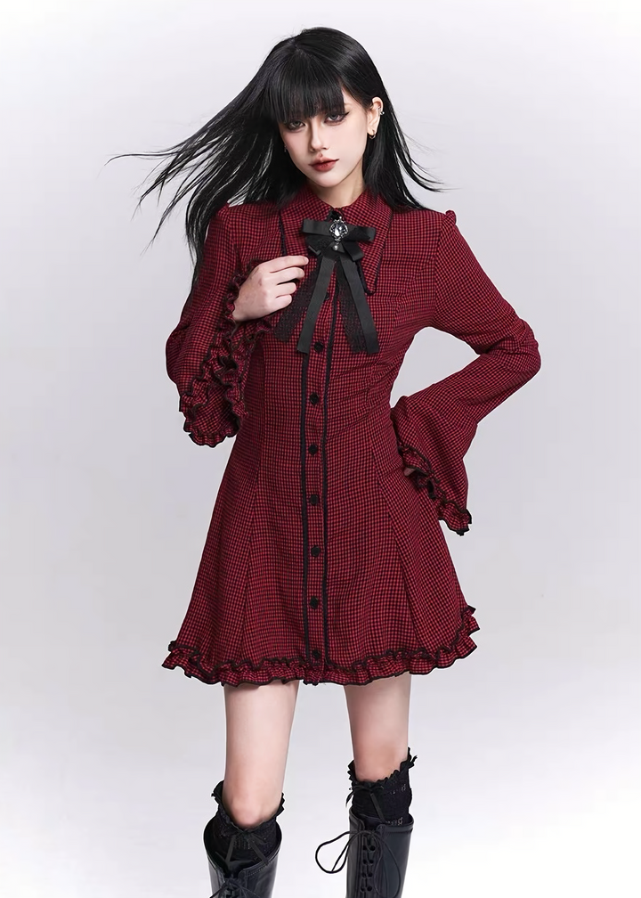 Flare Sleeve Check Shirt Dress / LG1518