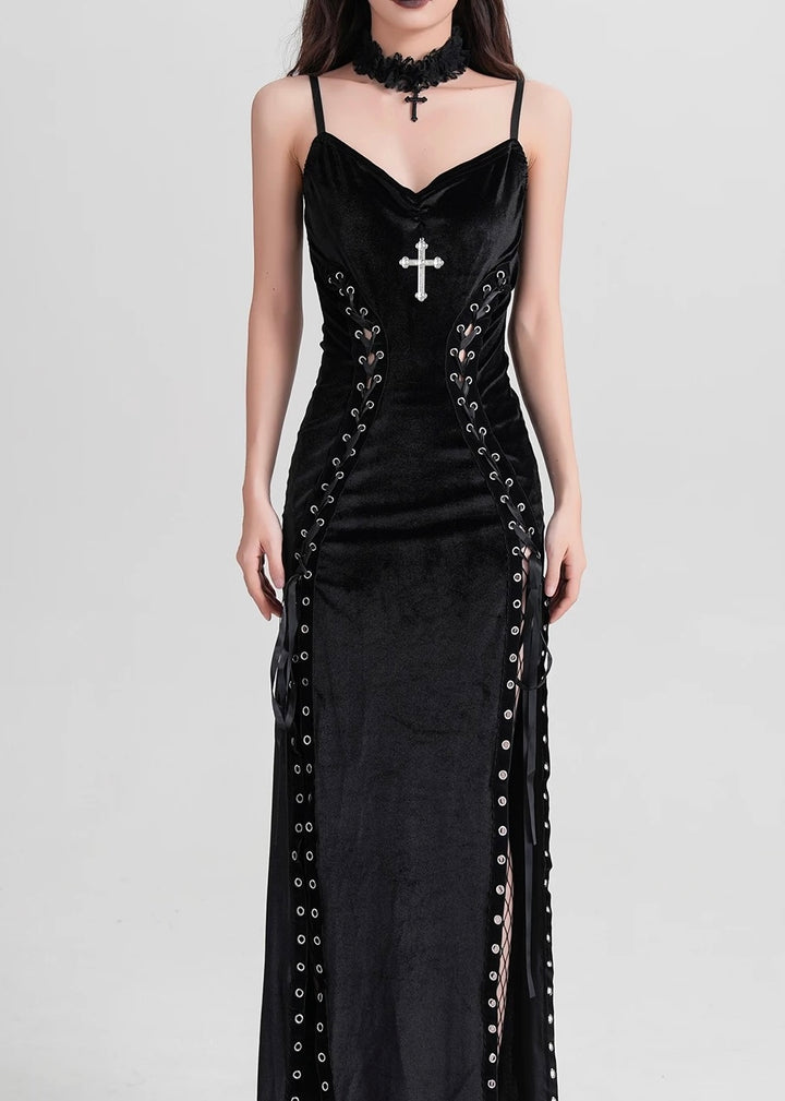DARK VELVET CORSET SLIT LONG DRESS / LG1576