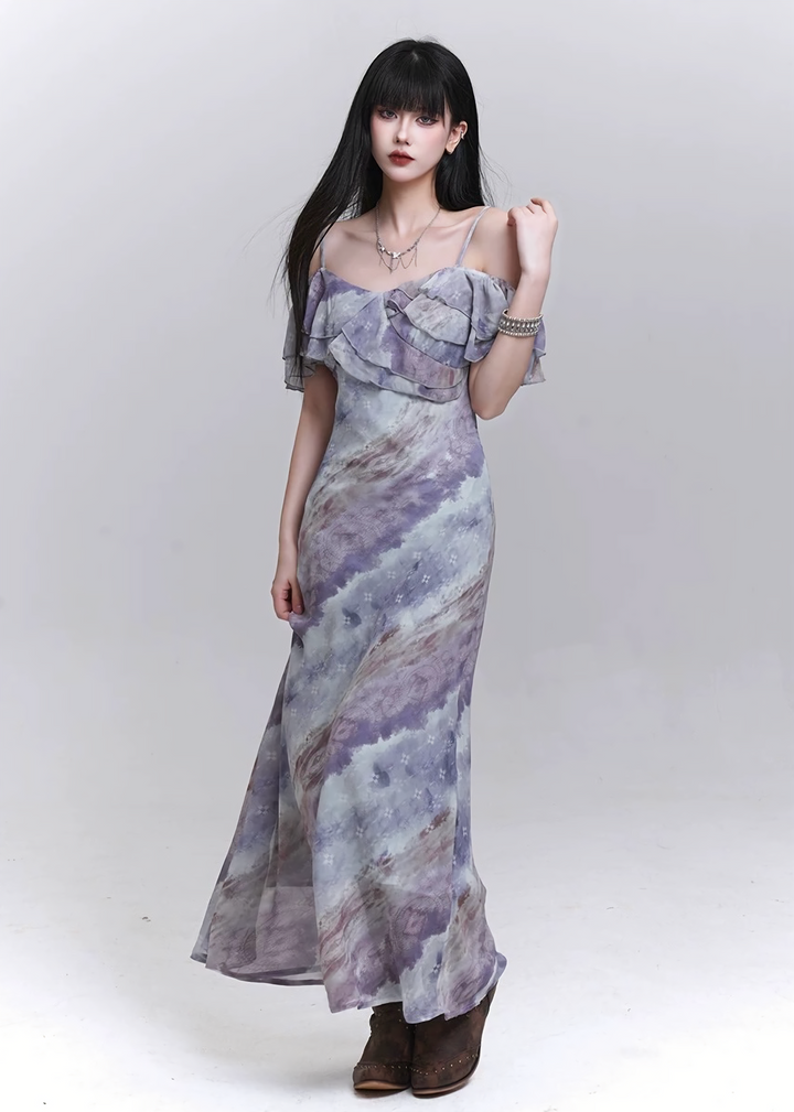 Sheer drape gathered purple dress / lg1316 