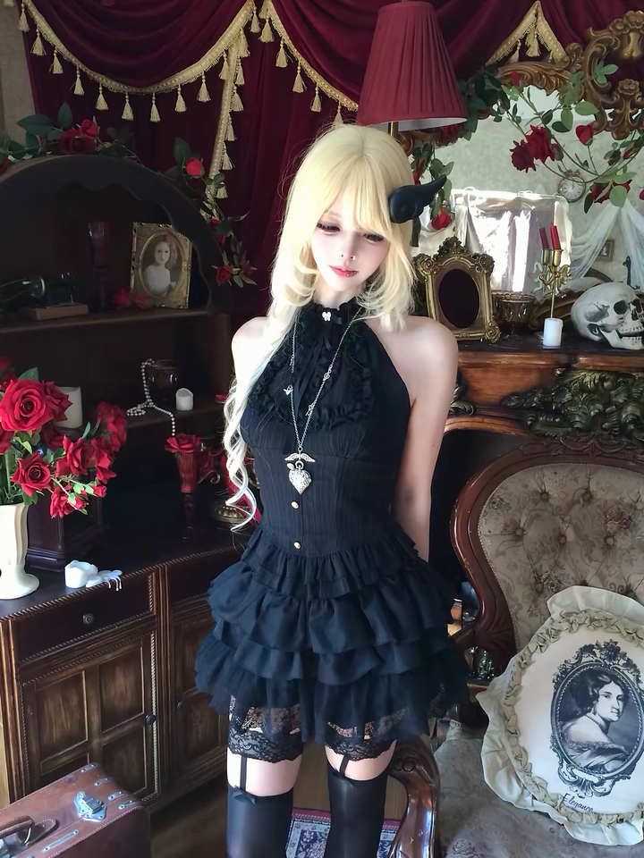 GOTHIC HIGH NECK FRILL HALTER TOP / LG1672