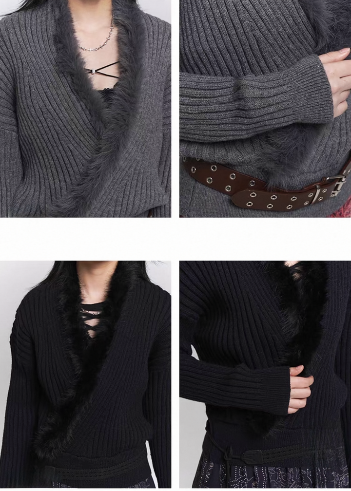 SOFT FUR TRIM V-NECK KNIT SWEATER / LG1500