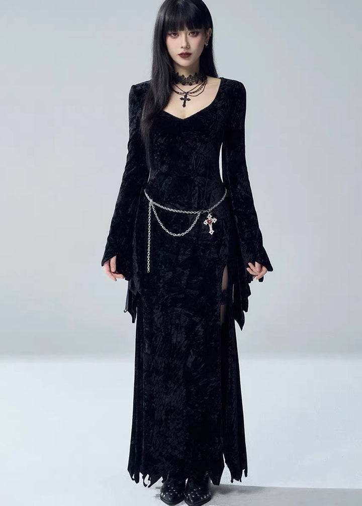 VELVET BELL SLEEVE SLIT LONG DRESS / LG1730