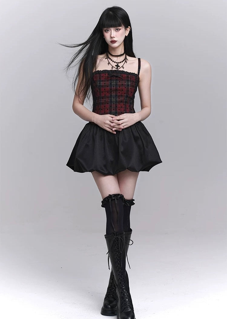 checkered suspender short dress / LG1246