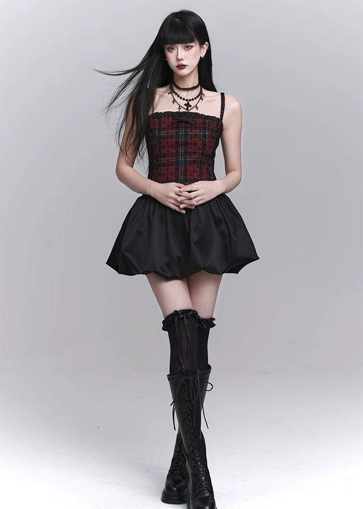 checkered suspender short dress / LG1246