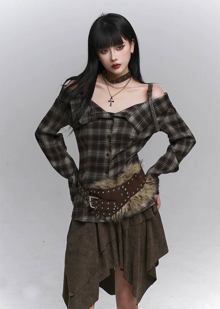 Plaid Off-Shoulder Strap Shirt / lg1366