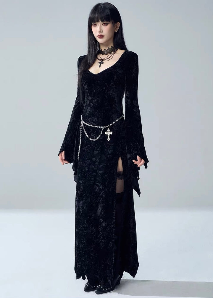 VELVET BELL SLEEVE SLIT LONG DRESS / LG1730