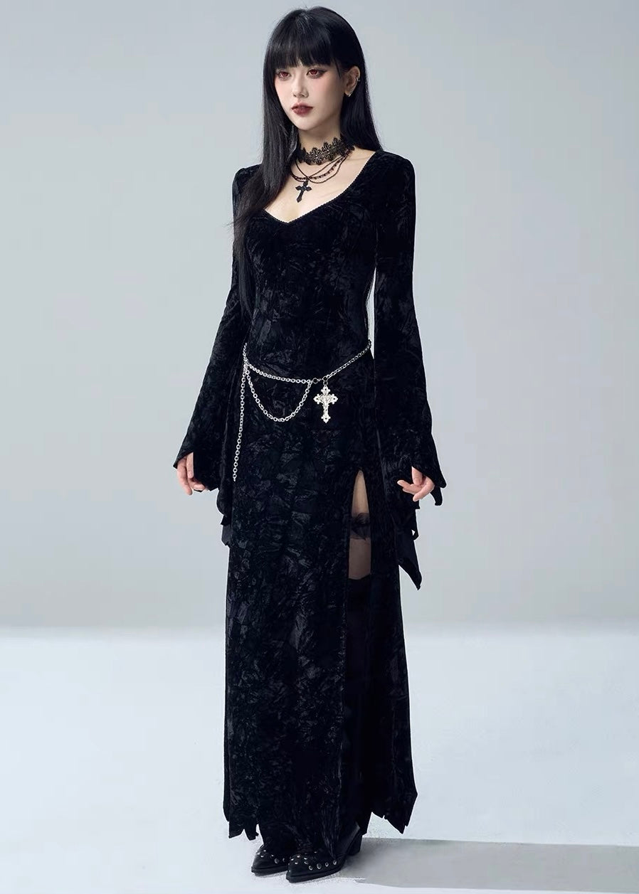 VELVET BELL SLEEVE SLIT LONG DRESS / LG1730